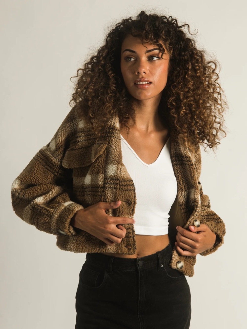 Harlow Teddy Jacket Sherpa bomber large plaid shacket